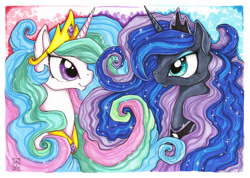 Size: 1024x731 | Tagged: safe, artist:kattvalk, princess celestia, princess luna, alicorn, pony, marker drawing, traditional art