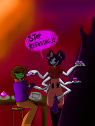 Size: 960x1280 | Tagged: safe, artist:majesticstar65, oc, oc:frost d. tart, equestria girls, bondage, donut, equestria girls-ified, food, force feeding, muffet, resisting, speech bubble, spider web, tea, text, tied up, undertale