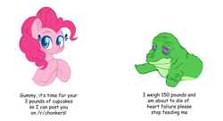 Size: 4583x2500 | Tagged: safe, artist:fannytastical, gummy, pinkie pie, alligator, earth pony, pony, abuse, comic sans, dick flattening, female, force feeding, heart eyes, mare, meme, reddit, simple background, text, white background, wingding eyes