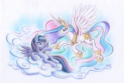 Size: 2119x1419 | Tagged: safe, artist:deathcutlet, artist:michelangelo, princess celestia, twilight sparkle, twilight sparkle (alicorn), alicorn, pony, cloud, cloudy, female, fine art parody, mare, parody, sistine chapel, the creation of adam, traditional art