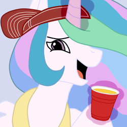 Size: 500x500 | Tagged: safe, artist:filipinoninja95, princess celestia, alicorn, pony, bro, brolestia, cup, levitation, looking at you, magic, open mouth, red solo cup, smiling, solo, telekinesis, visor