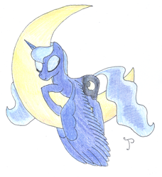 Size: 900x988 | Tagged: safe, artist:jhyrachy, princess luna, alicorn, pony, crescent moon, moon, sleepy, solo, tangible heavenly object