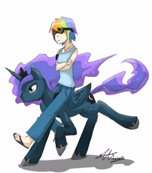 Size: 2200x2500 | Tagged: safe, artist:stupidyou3, princess luna, rainbow dash, alicorn, pony, female, high res, humanized, sunglasses, swag