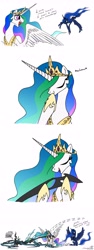 Size: 2528x6698 | Tagged: safe, artist:grievousfan, princess celestia, princess luna, queen chrysalis, alicorn, changeling, changeling queen, pony, cheeselegs, comic, dead, dialogue, female, mare, simple background, whistling, white background, x eyes