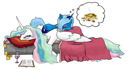 Size: 1000x556 | Tagged: source needed, safe, artist:scarcity, princess celestia, princess luna, alicorn, pony, bed, book, sleepy, waffle, wine, wine glass, woona