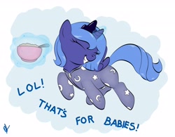 Size: 3972x3096 | Tagged: safe, artist:shadawg, princess luna, alicorn, pony, bowl, cereal, clothes, eyes closed, filly, foal, footed sleeper, high res, magic, pajamas, solo, spoon, telekinesis, woona, younger