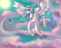 Size: 731x571 | Tagged: safe, artist:trojan-pony, princess celestia, alicorn, pony, female, flying, horn, mare, multicolored mane, solo, white coat