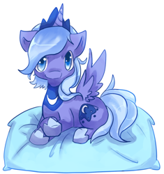 Size: 592x629 | Tagged: safe, artist:cheerubi, princess luna, alicorn, pony, chibi, crossed hooves, cutie mark, female, horn, jewelry, looking at you, pillow, regalia, simple background, solo, white background, wings, woona