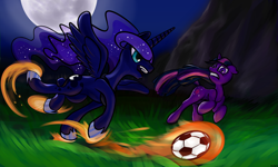 Size: 1920x1152 | Tagged: safe, artist:nuclearsuplexattack, princess luna, twilight sparkle, alicorn, pony, ball, football, kick