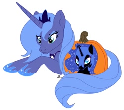 Size: 1013x903 | Tagged: safe, artist:cluttercluster, nightmare moon, princess luna, alicorn, pony, halloween, holiday, jack-o-lantern, pumpkin, s1 luna, wat