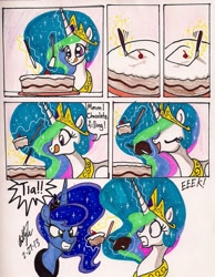 Size: 1327x1711 | Tagged: safe, artist:newyorkx3, princess celestia, princess luna, alicorn, pony, cake, cakelestia, comic, tongue out, traditional art