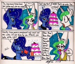 Size: 1543x1307 | Tagged: safe, artist:newyorkx3, princess celestia, princess luna, alicorn, pony, cake, cakelestia, comic, crying, dunce hat, hat, traditional art