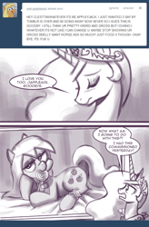 Size: 550x837 | Tagged: safe, artist:johnjoseco, applejack, princess celestia, alicorn, earth pony, pony, ask princess molestia, bust, candy, comic, food, jappleack, lollipop, portrait, princess molestia