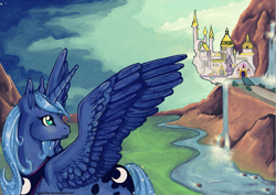 Size: 1327x938 | Tagged: safe, artist:reaperfox, princess luna, alicorn, pony, canterlot, looking back, solo