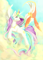 Size: 2091x2867 | Tagged: safe, artist:otakusuzuka, philomena, princess celestia, alicorn, phoenix, pony, female, flying, mare