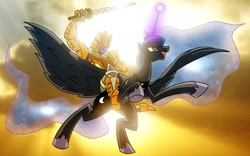 Size: 1920x1200 | Tagged: safe, artist:atomic-chinchilla, princess luna, alicorn, pony, backlighting, beast wars, crossover, dinobot (beast wars), duo, flying, magic, riding, sword, transformers, weapon