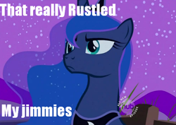 Size: 558x396 | Tagged: safe, edit, edited screencap, screencap, princess luna, alicorn, pony, luna eclipsed, cropped, hub logo, hubble, image macro, jimmies, meme, rustled my jimmies, scowl, solo, the hub