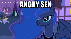 Size: 624x347 | Tagged: safe, edit, edited screencap, screencap, princess luna, alicorn, pony, luna eclipsed, hat, image macro, scowl, solo focus, witch costume, witch hat