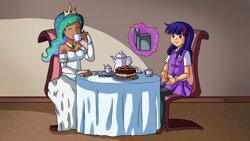 Size: 2699x1519 | Tagged: safe, artist:darkyamatoman, princess celestia, twilight sparkle, book, cake, clothes, dress, humanized, miniskirt, skirt, stockings, teacup, teapot, thigh highs