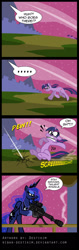 Size: 600x1903 | Tagged: safe, artist:niban-destikim, princess luna, twilight sparkle, alicorn, pony, unicorn, a canterlot wedding, comic, female, gun, hooves, horn, mare, optical sight, rifle, shooting, smoke, sniper rifle, teeth, weapon, wings