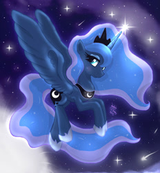 Size: 1020x1100 | Tagged: safe, artist:joakaha, princess luna, alicorn, pony, crown, ethereal mane, ethereal tail, female, flying, hoof shoes, horn, mare, night, peytral, solo, stars, wings