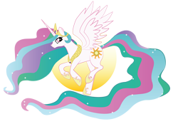 Size: 990x690 | Tagged: safe, artist:sockytrooper, princess celestia, alicorn, pony, female, flying, horn, mare, multicolored mane, solo, white coat