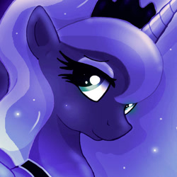 Size: 600x600 | Tagged: safe, artist:joakaha, princess luna, alicorn, pony, bust, crown, ethereal mane, female, horn, mare, portrait, smiling, solo