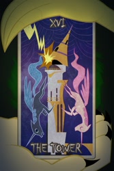 Size: 700x1048 | Tagged: safe, artist:peachiekeenie, discord, princess celestia, princess luna, alicorn, pony, card, tarot card, the tower