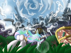 Size: 2000x1500 | Tagged: safe, artist:cgeta, princess celestia, alicorn, pony, robot, featureless crotch, fisheye lens, invasion, plot, sunbutt