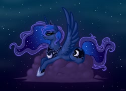 Size: 900x650 | Tagged: safe, artist:malliya, princess luna, alicorn, pony, bedroom eyes, cloud, female, mare, night, on a cloud, profile, prone, sky, solo, spread wings, starry night, stars, wings