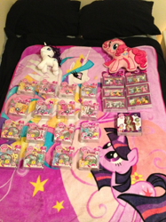 Size: 500x669 | Tagged: safe, applejack, bon bon, fluttershy, lyra heartstrings, pinkie pie, princess celestia, rarity, sweetie drops, trixie, twilight sparkle, zecora, earth pony, pony, zebra, blanket, brushable, chick magnet, dvd, funrise, irl, photo, smiling, toy, unnamed character, unnamed pony