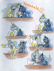 Size: 2460x3217 | Tagged: safe, artist:baconoffury, princess celestia, princess luna, alicorn, pony, facial expressions, traditional art