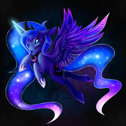 Size: 675x675 | Tagged: safe, artist:chiots, princess luna, alicorn, pony, female, flying, glowing horn, horn, mare, smiling, solo