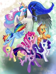Size: 744x973 | Tagged: safe, artist:whitephox, applejack, fluttershy, nightmare moon, pinkie pie, princess celestia, rainbow dash, rarity, twilight sparkle, alicorn, earth pony, pegasus, pony, unicorn, mane six