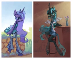 Size: 4764x3934 | Tagged: safe, artist:holivi, princess luna, queen chrysalis, alicorn, changeling, changeling queen, pony, bipedal, clothes, dress, female, outfit, ponytail, skinny