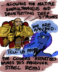 Size: 680x840 | Tagged: safe, princess luna, human, astartes pattern baldness, blood ravens, canterlock, crossover, indrick boreale, open mouth, space marine, spess mahreen, traditional royal canterlot voice, warhammer (game), warhammer 40k, yelling