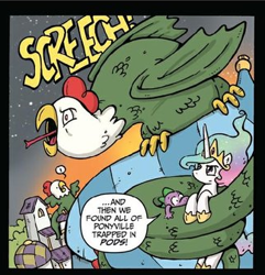 Size: 324x336 | Tagged: safe, artist:katiecandraw, idw, princess celestia, spike, alicorn, cockatrice, dragon, pony, official comic