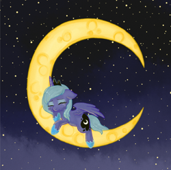 Size: 674x672 | Tagged: safe, artist:lalucca, princess luna, alicorn, pony, crescent moon, crying, moon, sad, solo, tangible heavenly object, transparent moon, woona