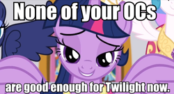 Size: 878x475 | Tagged: safe, edit, edited screencap, screencap, princess celestia, princess luna, twilight sparkle, twilight sparkle (alicorn), alicorn, pony, magical mystery cure, bedroom eyes, clothes, coronation, coronation dress, crown, dress, female, image macro, jewelry, mare, regalia, smiling