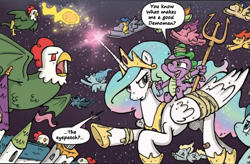 Size: 600x393 | Tagged: safe, edit, idw, princess celestia, spike, alicorn, cockatrice, dragon, pony, demoman, demospike, team fortress 2, trident