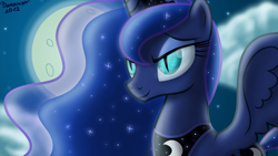 Size: 1200x675 | Tagged: safe, artist:bonaxor, nightmare moon, princess luna, alicorn, pony, bedroom eyes, bust, dragon eyes, moon, nightmare luna, slit eyes, smiling, solo, spread wings