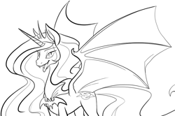 Size: 822x547 | Tagged: source needed, safe, artist:php27, princess celestia, bat pony, vampire, bat wings, bedroom eyes, countess draculestia, fangs, irony, lineart, looking at you, monochrome, open mouth, smiling, smirk, solo, spread wings, sunbat, tongue out