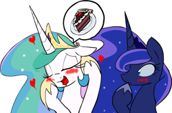 Size: 1045x689 | Tagged: safe, artist:zev, princess celestia, princess luna, alicorn, pony, blushing, cake, cakelestia, drool, eyes closed, female, heart, mare, open mouth, simple background, white background