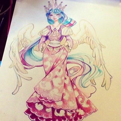 Size: 612x612 | Tagged: safe, artist:costly, princess celestia, crown, horned humanization, humanized, solo, traditional art, winged humanization