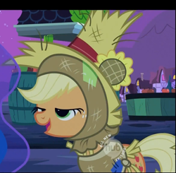 Size: 1165x1141 | Tagged: safe, screencap, applejack, princess luna, alicorn, earth pony, pony, luna eclipsed, apple, appul, clothes, costume, cropped, derp, female, food, hat, lidded eyes, mare, open mouth, scarecrow, smiling, solo focus