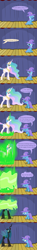 Size: 1280x8613 | Tagged: safe, artist:evil-dec0y, princess celestia, queen chrysalis, alicorn, changeling, changeling queen, pony, unicorn, comic:trixie vs., ask, cape, clothes, comic, duo, duo female, female, hat, hilarious in hindsight, mare, stage, trixie's cape, trixie's hat, tumblr