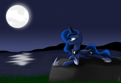 Size: 1600x1100 | Tagged: safe, artist:kyroking, princess luna, alicorn, pony, moon, night, prone, solo, water