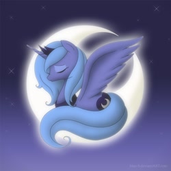 Size: 900x900 | Tagged: safe, artist:jdan-s, princess luna, alicorn, pony, crescent moon, moon, prone, s1 luna, solo, spread wings