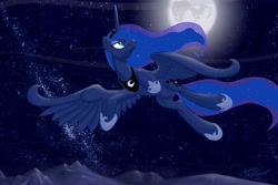 Size: 3600x2400 | Tagged: safe, artist:lunarapologist, princess luna, alicorn, pony, flying, high res, moon, solo