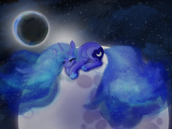 Size: 1000x750 | Tagged: safe, artist:abductionfromabove, princess luna, alicorn, pony, banishment, eclipse, eyes closed, moon, solo, tangible heavenly object